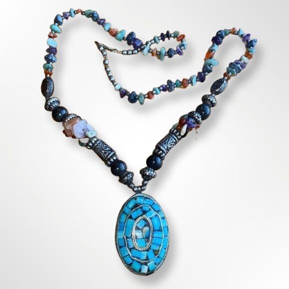 Tibetan Tribal Multi Semi Precious Stone with Turquoise Inlay Pendant Necklace - Picture 1 of 9